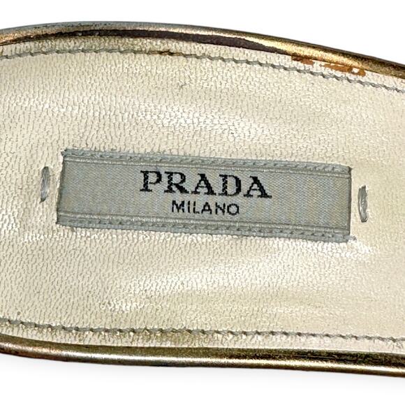 PRADA | US 8.5 / IT 38.5 | Metallic Gold Leather Peep-Toe Slingback Pumps - Picture 7 of 10